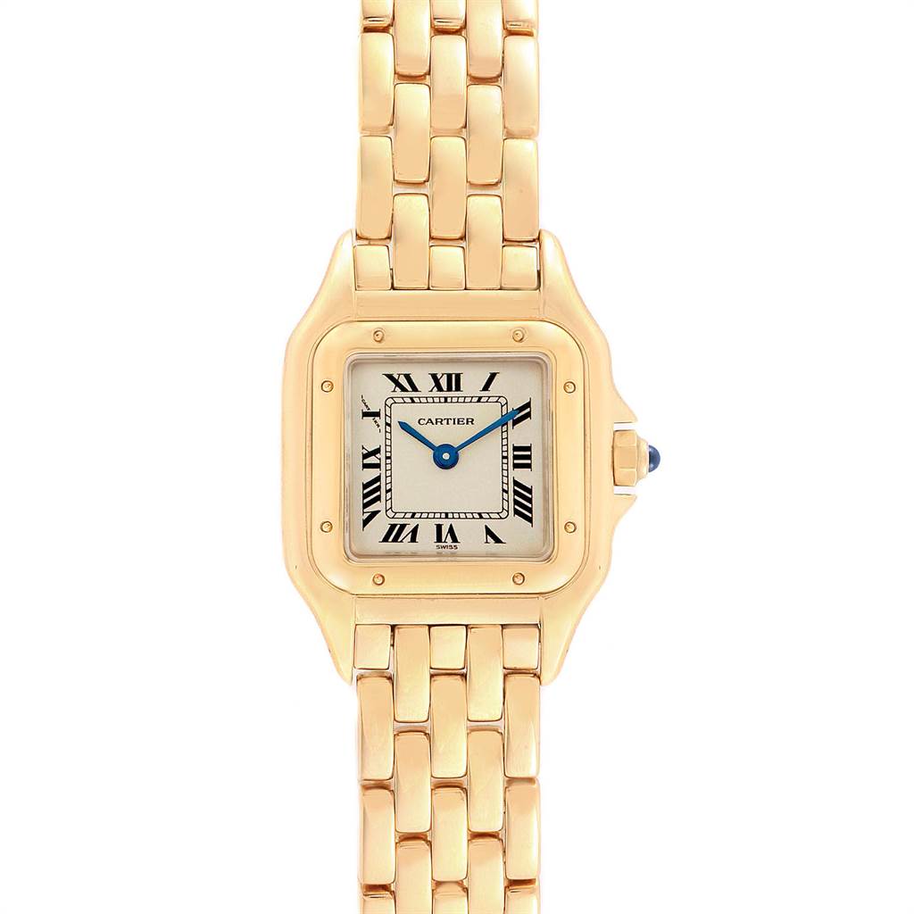 This image shows a front view of a Cartier Panthere W25022B9 Women's Yellow Gold Silver Dial W25022B9 Women's Yellow Gold Silver Dial model watch, highlighting its gold bracelet and square face with Roman numeral markers.