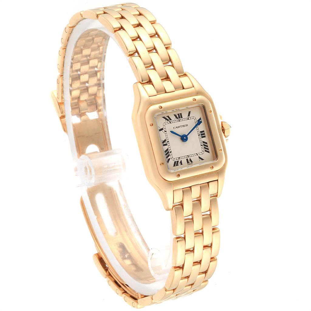 The image shows a side view of the Cartier Panthère watch, highlighting its gold bracelet and square face with Roman numerals.