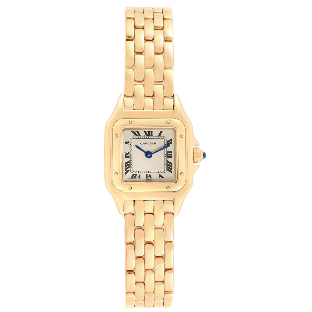 This image shows a full, front view of a Cartier Panthere W25022B9 Women's Yellow Gold Silver Dial W25022B9 Women's Yellow Gold Silver Dial model watch, highlighting its gold bracelet and square face with Roman numerals.