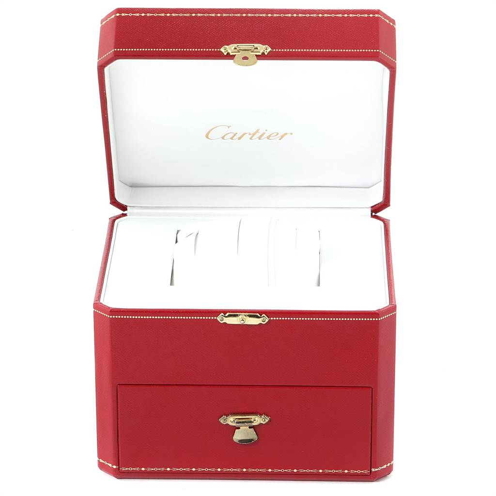 The image shows a Cartier Panthère watch box with a red exterior, opened to reveal the white interior.