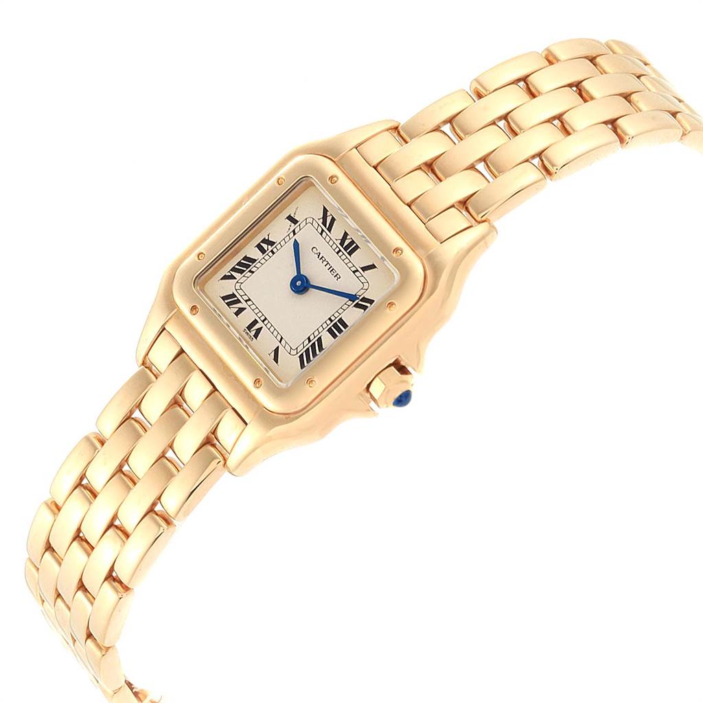 The Cartier Panthere W25022B9 Women's Yellow Gold Silver Dial W25022B9 Women's Yellow Gold Silver Dial watch is shown from an angled top view, displaying its gold band and square face with Roman numerals.