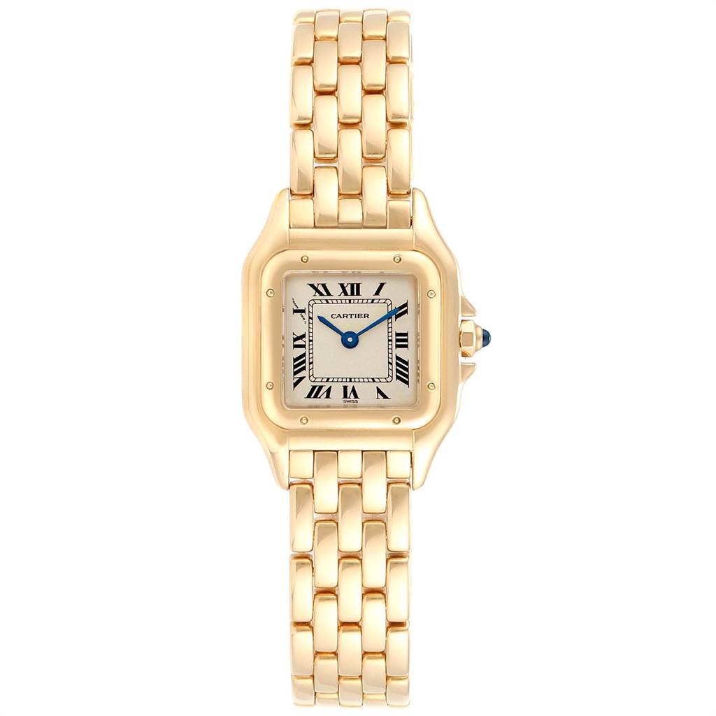 The image shows a front view of a Cartier Panthere W25022B9 Women's Yellow Gold Silver Dial W25022B9 Women's Yellow Gold Silver Dial model watch, highlighting its gold case, bracelet, and Roman numeral dial.