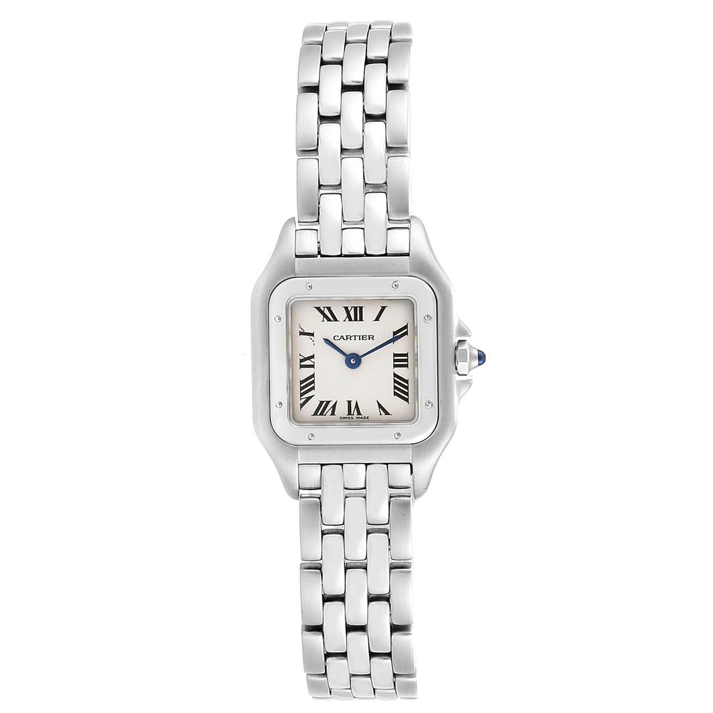 The Cartier Panthere W25033P5 Women's Stainless Steel Silver Dial W25033P5 Women's Stainless Steel Silver Dial model watch is shown from the front, displaying the face, bezel, and metal bracelet.