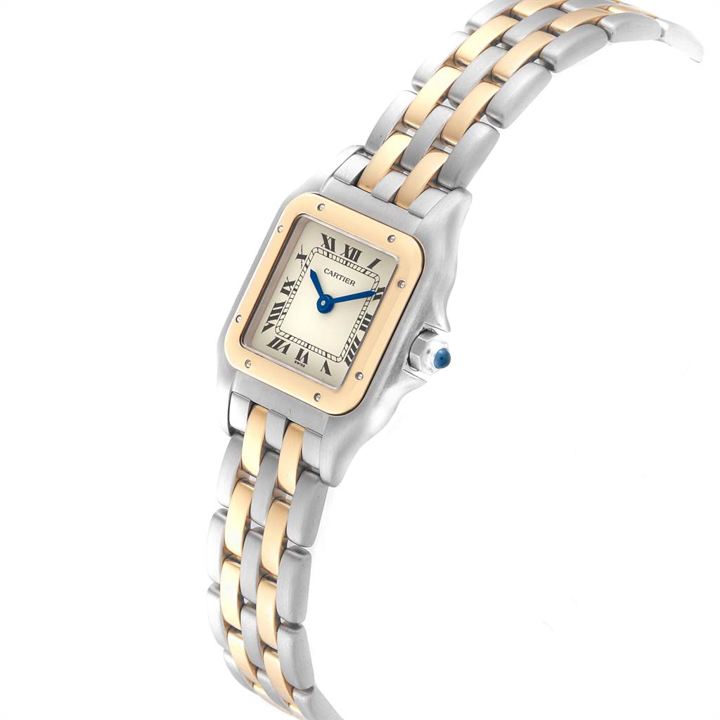 The image shows a front angled view of the Cartier Panthere W25029B6 Women
s Stainless Steel Silver Dial W25029B6 Women
s Stainless Steel Silver Dial watch, highlighting its face, bezel, and bracelet.