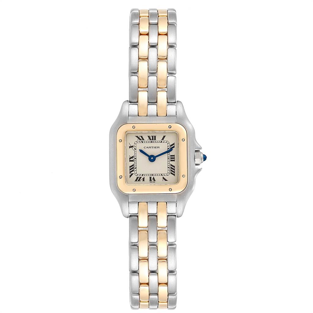 This image shows a front view of a Cartier Panthere W25029B6 Women
s Stainless Steel Silver Dial W25029B6 Women
s Stainless Steel Silver Dial watch, highlighting its face and two-tone bracelet.