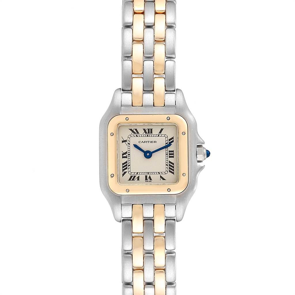 The image shows a front view of a Cartier Panthere W25029B6 Women
s Stainless Steel Silver Dial W25029B6 Women
s Stainless Steel Silver Dial watch, highlighting its two-tone metal bracelet, square face, and Roman numeral dial.