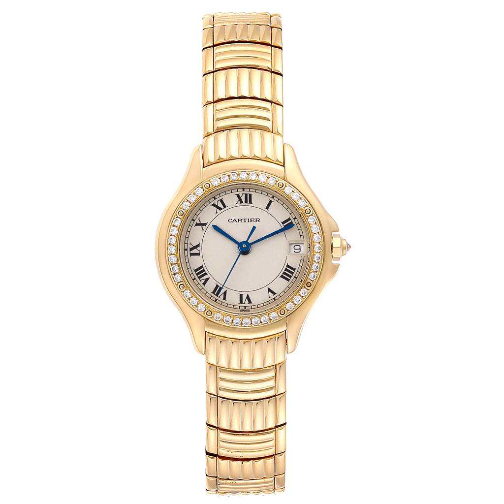 The image shows a Cartier Panthere 1171 Women's Yellow Gold Silver Dial 1171 Women's Yellow Gold Silver Dial watch from a top-down angle, highlighting the face, bezel, and band.