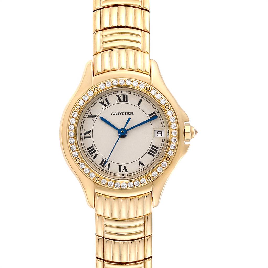 The image shows a front view of the Panthere de Cartier watch, highlighting its gold case, diamond-set bezel, and gold bracelet.