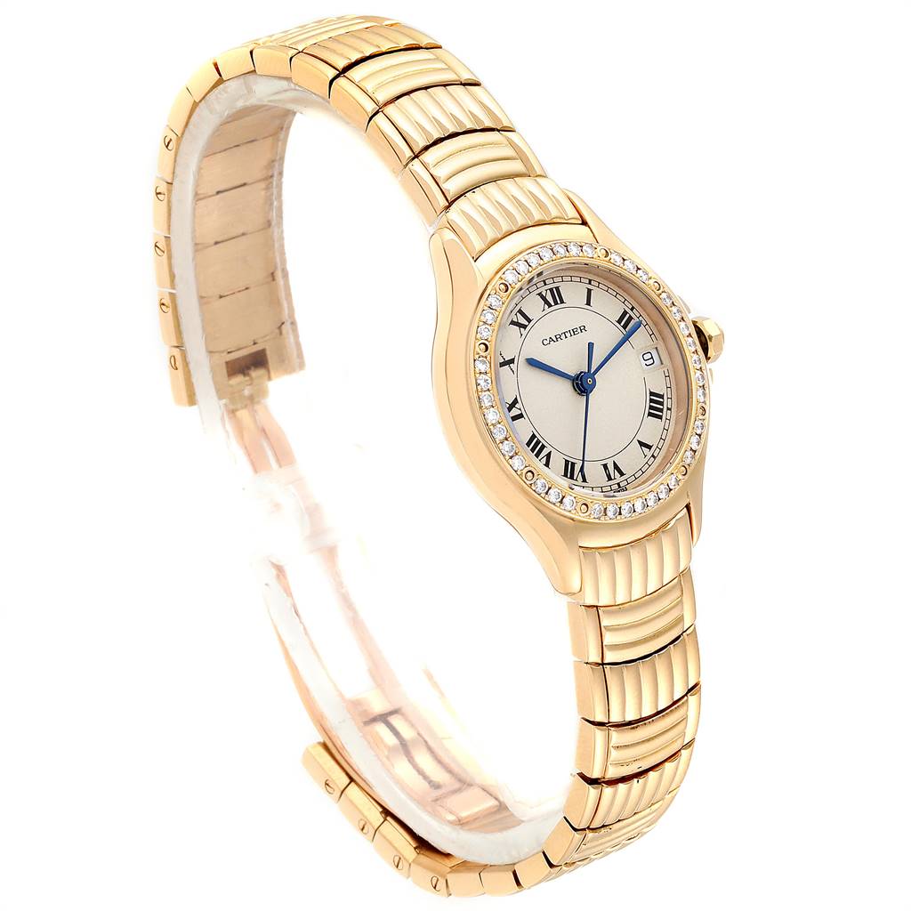 This image shows a Cartier Panthere 1171 Women's Yellow Gold Silver Dial 1171 Women's Yellow Gold Silver Dial watch at a three-quarter angle, highlighting its gold bracelet and diamond-set bezel.