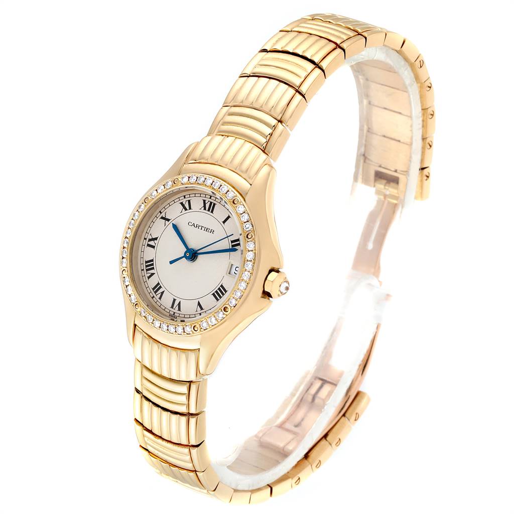 The image shows a Cartier Panthere 1171 Women's Yellow Gold Silver Dial 1171 Women's Yellow Gold Silver Dial watch at a three-quarter angle, displaying its face, bezel, crown, and bracelet.