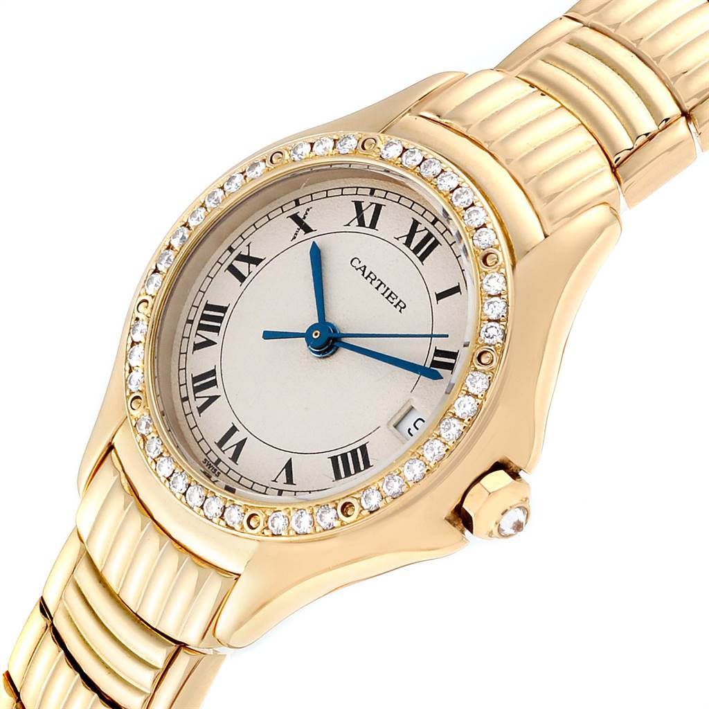 This Cartier Panthere 1171 Women's Yellow Gold Silver Dial 1171 Women's Yellow Gold Silver Dial watch is shown at an angled view, displaying the face, bezel, crown, and part of the bracelet.