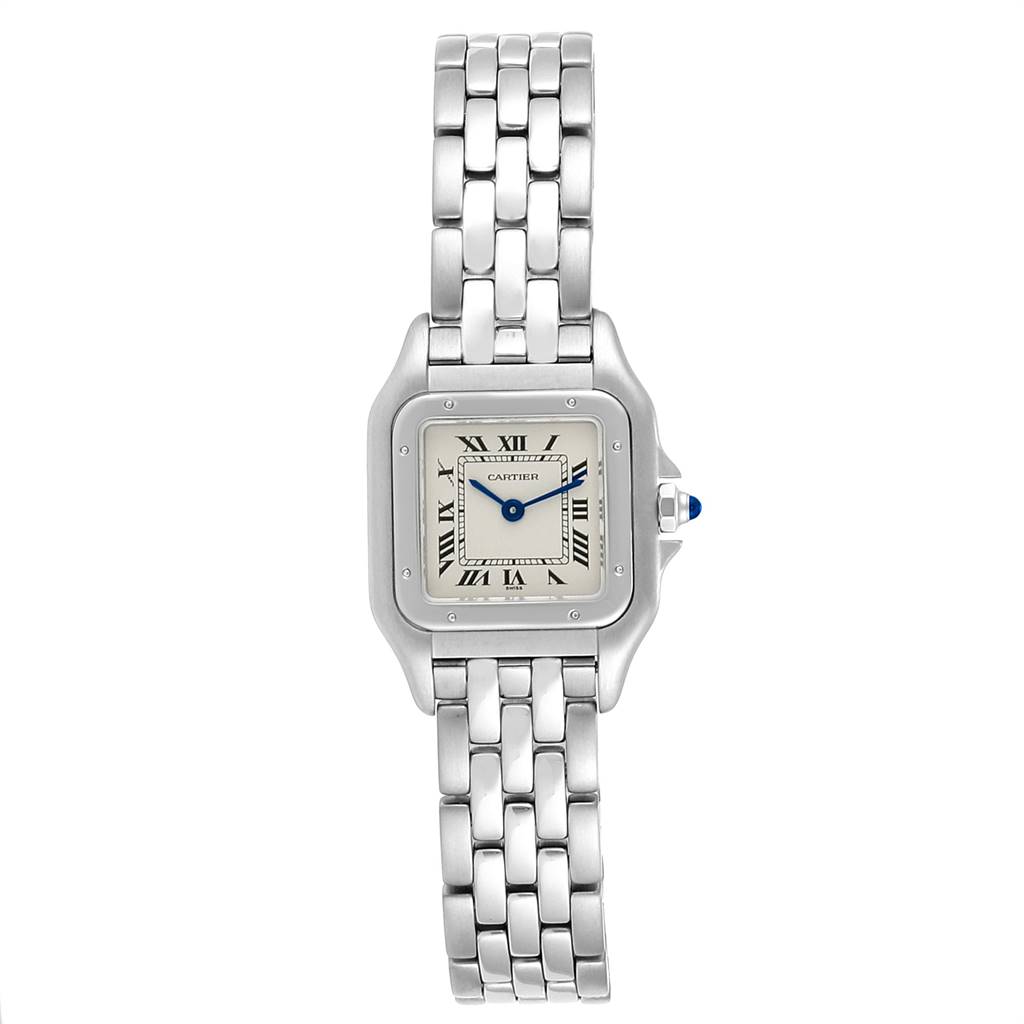 The image shows a front view of a Cartier Panthere W25033P5 Women's Stainless Steel Silver Dial W25033P5 Women's Stainless Steel Silver Dial watch, displaying the face, bracelet, and bezel.