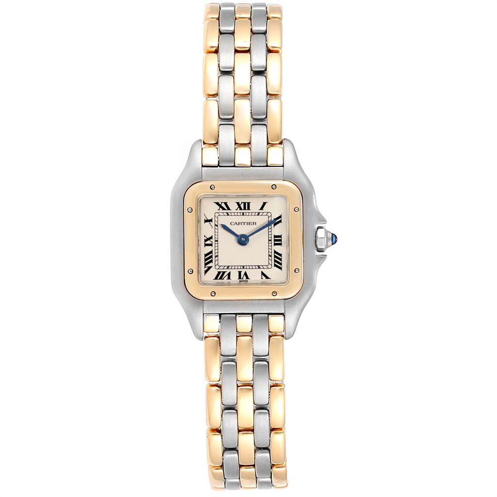 The image shows a front view of the Cartier Panthere W25029B6 Women's Stainless Steel Beige Dial W25029B6 Women's Stainless Steel Beige Dial model watch, highlighting its two-tone bracelet and square face with Roman numerals.