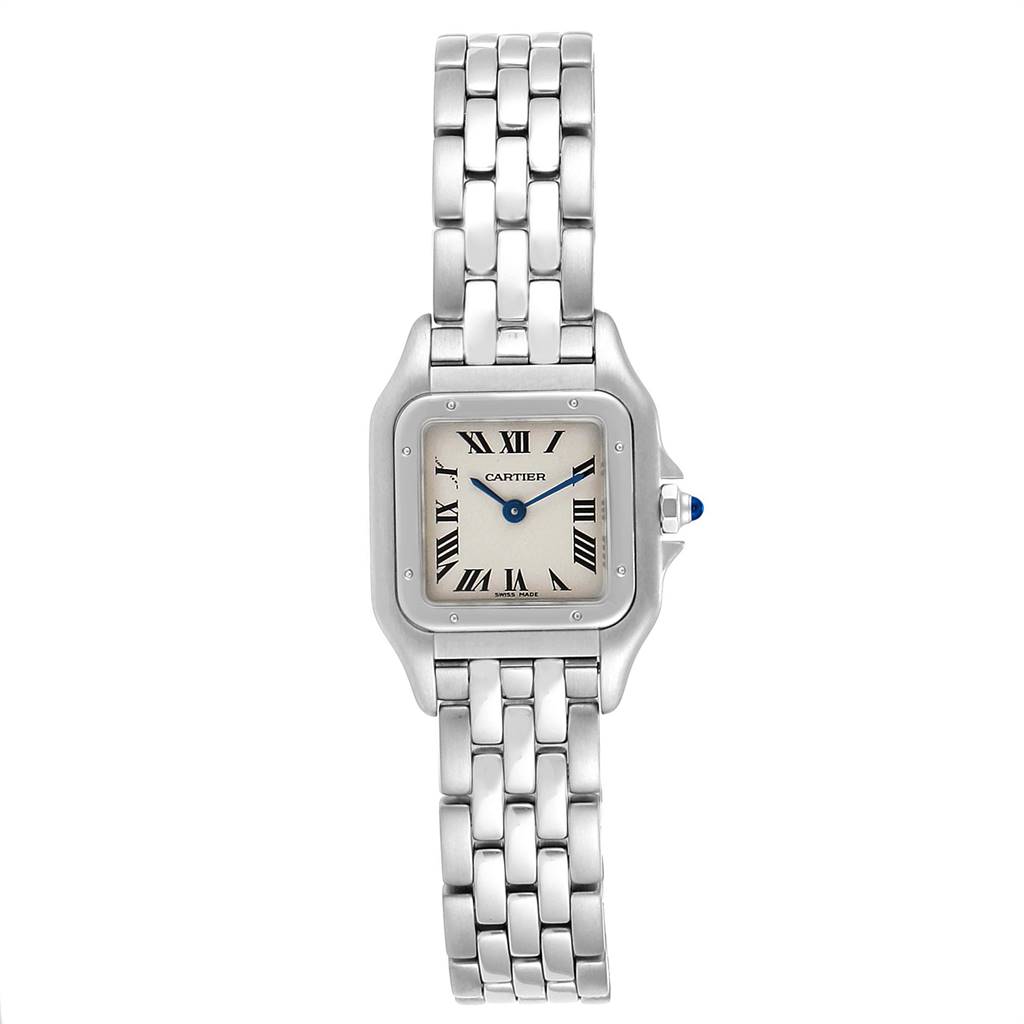 The image shows a Cartier Panthere W25033P5 Women's Stainless Steel Silver Dial W25033P5 Women's Stainless Steel Silver Dial watch from a top-down angle, displaying the face, bezel, and bracelet.