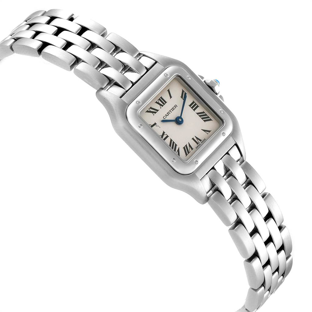 This image displays a Cartier Panthere W25033P5 Women's Stainless Steel Silver Dial W25033P5 Women's Stainless Steel Silver Dial watch from an angled view, showing the face, bracelet, and crown.