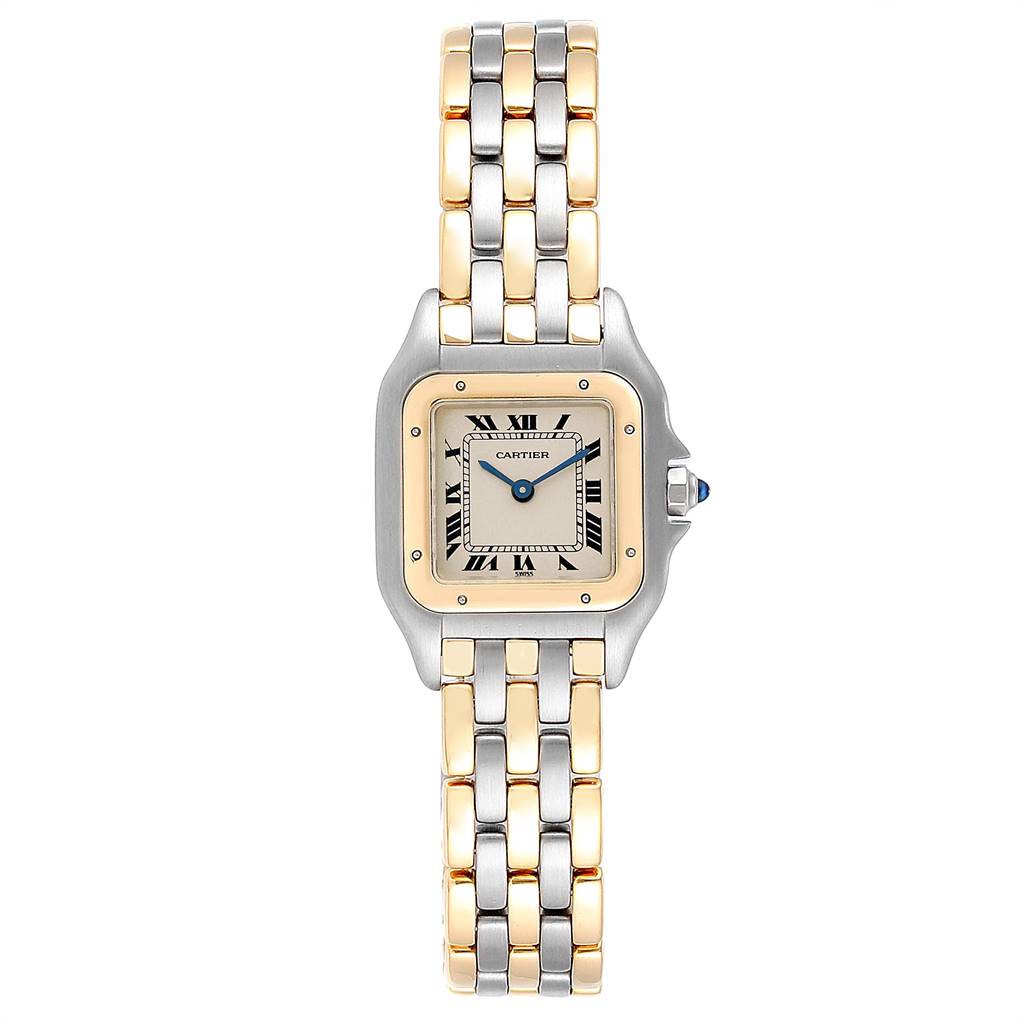 This image shows a front view of the Cartier Panthere W25029B6 Women's Stainless Steel Beige Dial W25029B6 Women's Stainless Steel Beige Dial watch, displaying its face and two-tone bracelet.