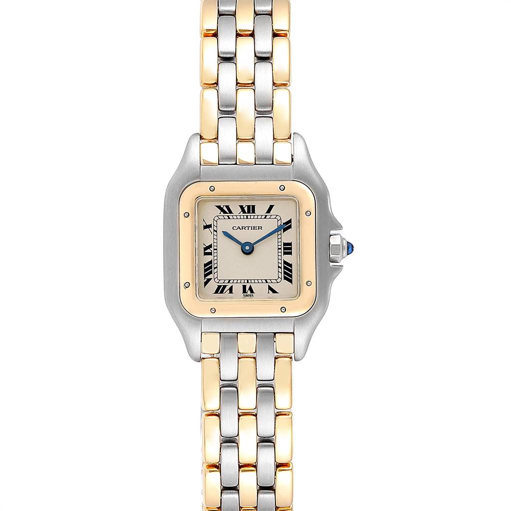 The image shows a Cartier Panthere W25029B6 Women's Stainless Steel Beige Dial W25029B6 Women's Stainless Steel Beige Dial watch from a direct frontal view, displaying its face and two-tone metal bracelet.