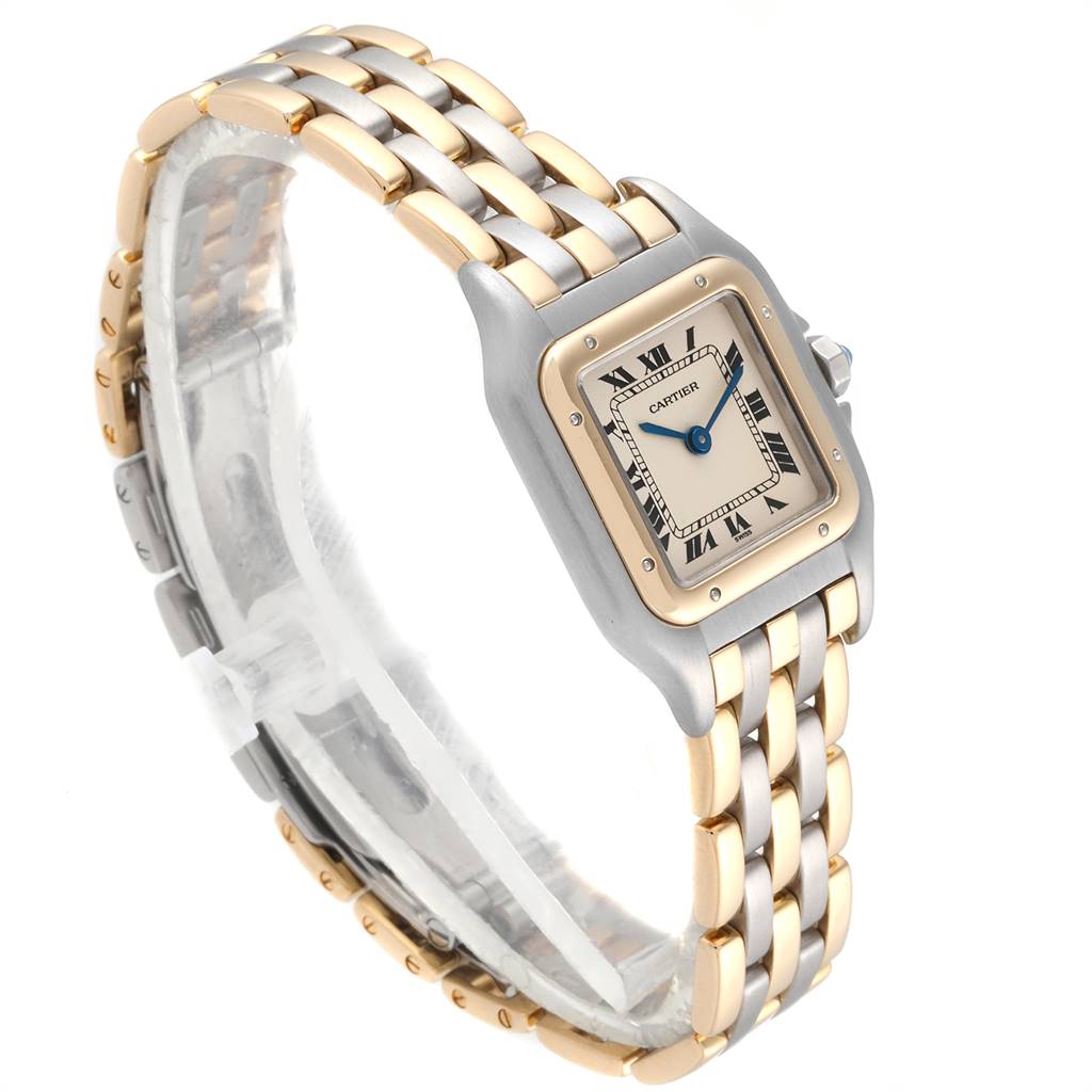 This image shows a Cartier Panthere W25029B6 Women's Stainless Steel Beige Dial W25029B6 Women's Stainless Steel Beige Dial model watch at an angled side view, highlighting its two-tone strap and face.