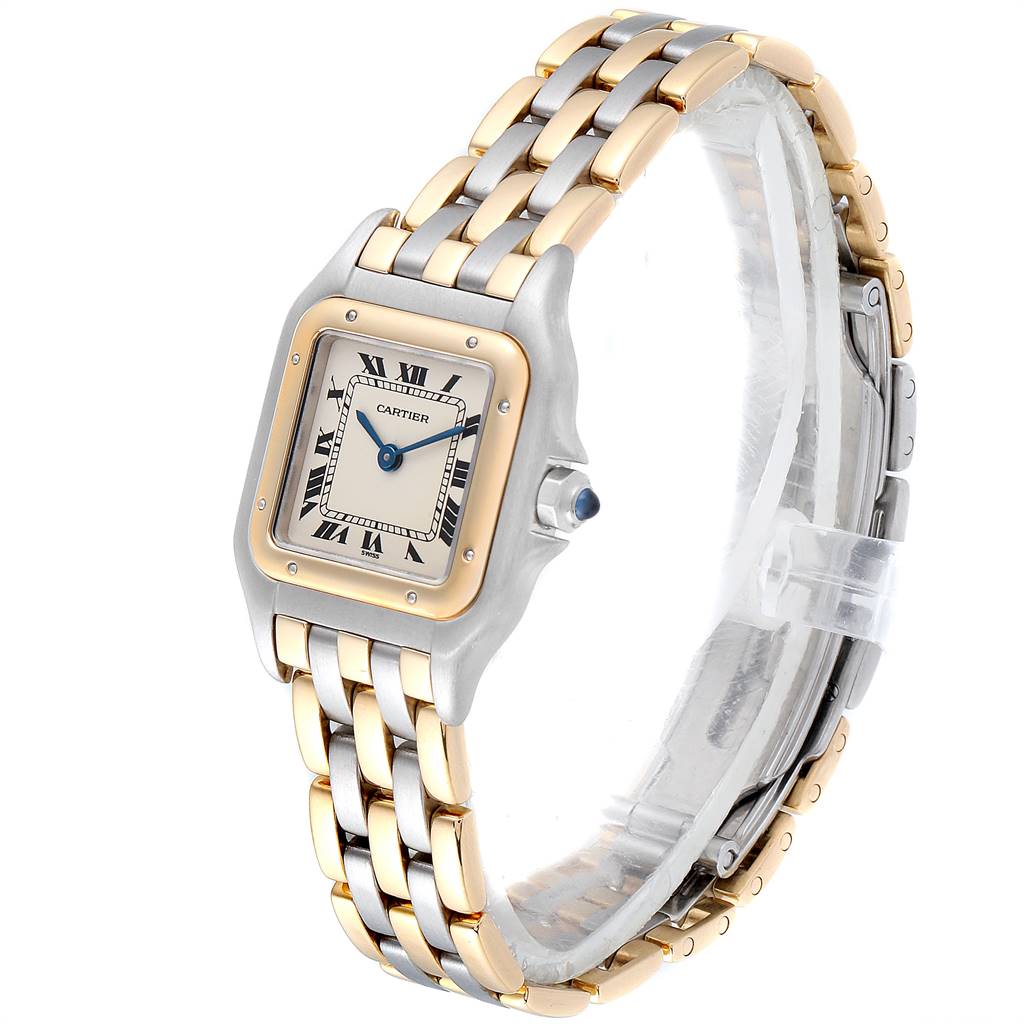 The Cartier Panthere W25029B6 Women's Stainless Steel Beige Dial W25029B6 Women's Stainless Steel Beige Dial watch is shown at a side angle, displaying its square face, two-tone bracelet, and blue gemstone crown.