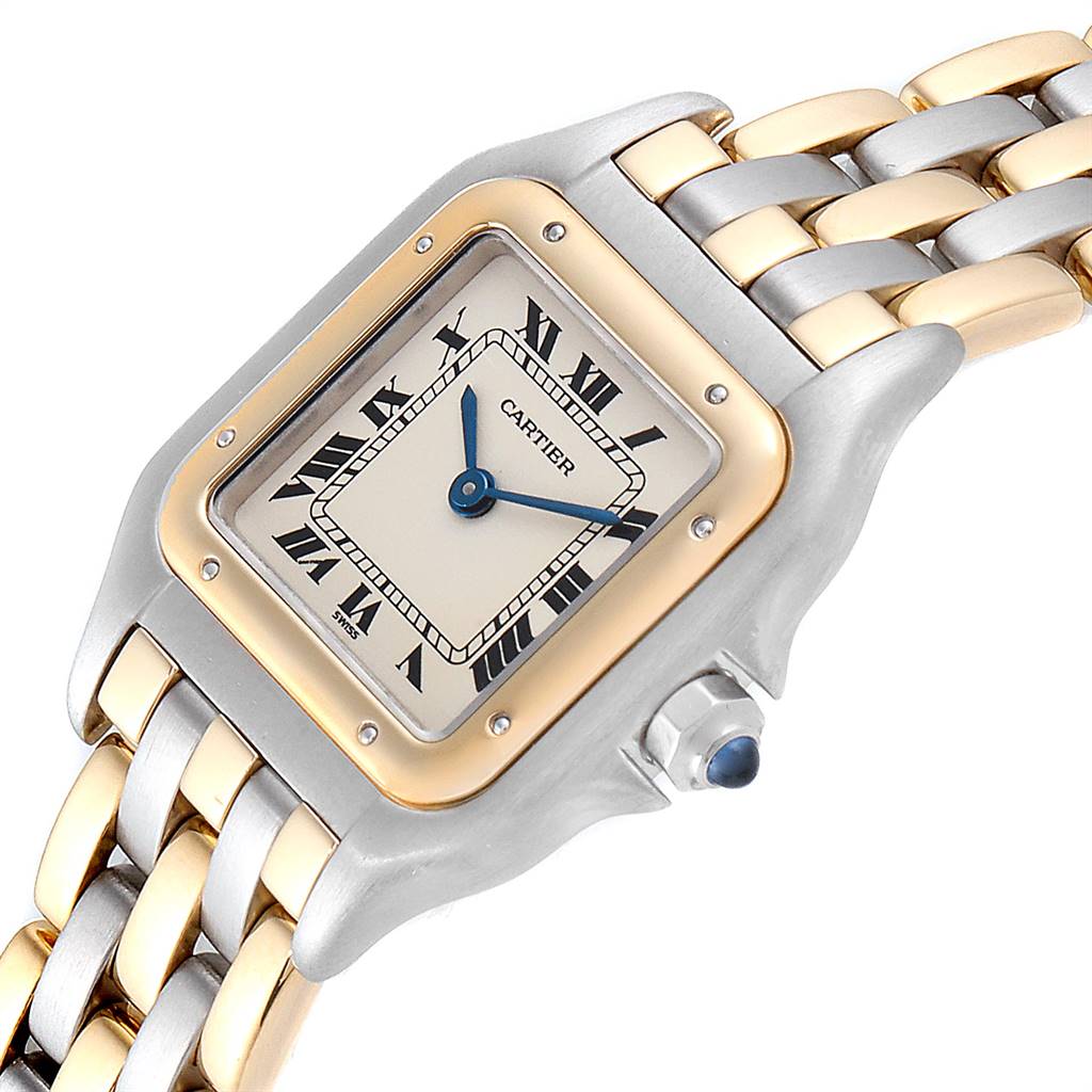The image shows a close-up angle of the Cartier Panthere W25029B6 Women's Stainless Steel Beige Dial W25029B6 Women's Stainless Steel Beige Dial watch with its face, bezel, and part of the bracelet visible.