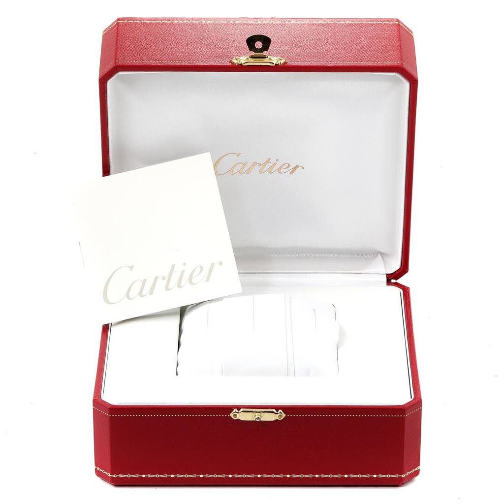 The image shows an open box and documentation for the Panthere model by Cartier, with a watch pillow inside.