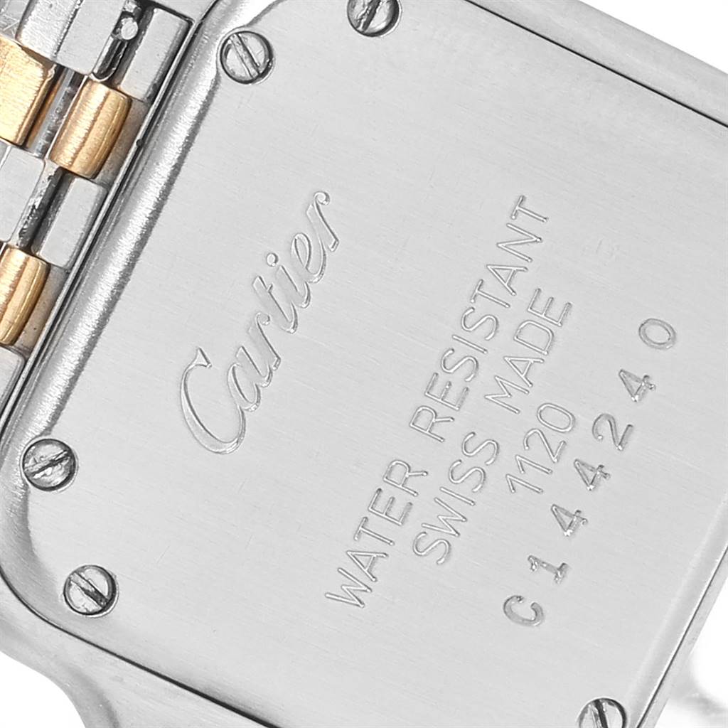 The image shows the back case and part of the band of a Cartier Panthere W25029B6 Women
s Stainless Steel Silver Dial W25029B6 Women
s Stainless Steel Silver Dial watch at an angled close-up.