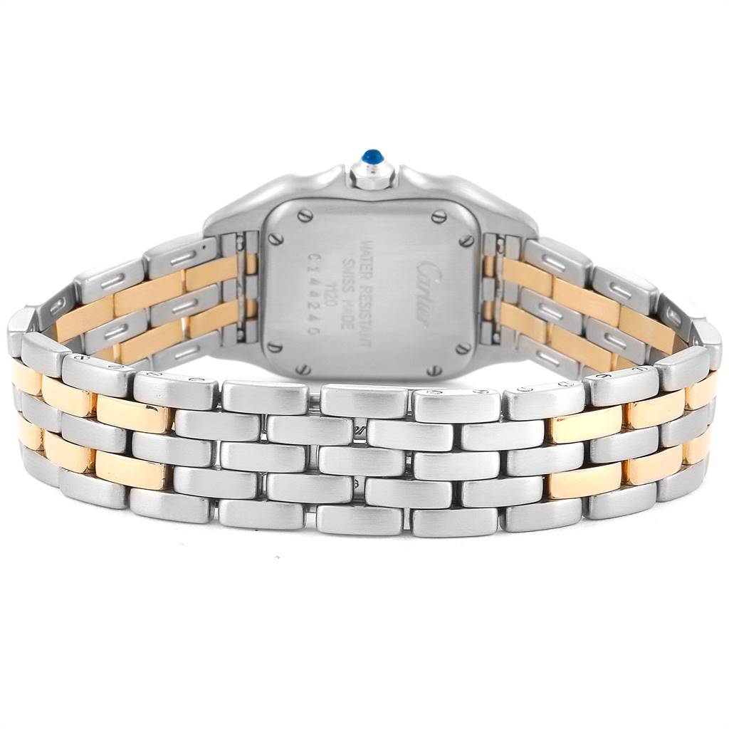 This image shows the back view of a Cartier Panthere W25029B6 Women
s Stainless Steel Silver Dial W25029B6 Women
s Stainless Steel Silver Dial model watch, highlighting the two-tone bracelet and case back.