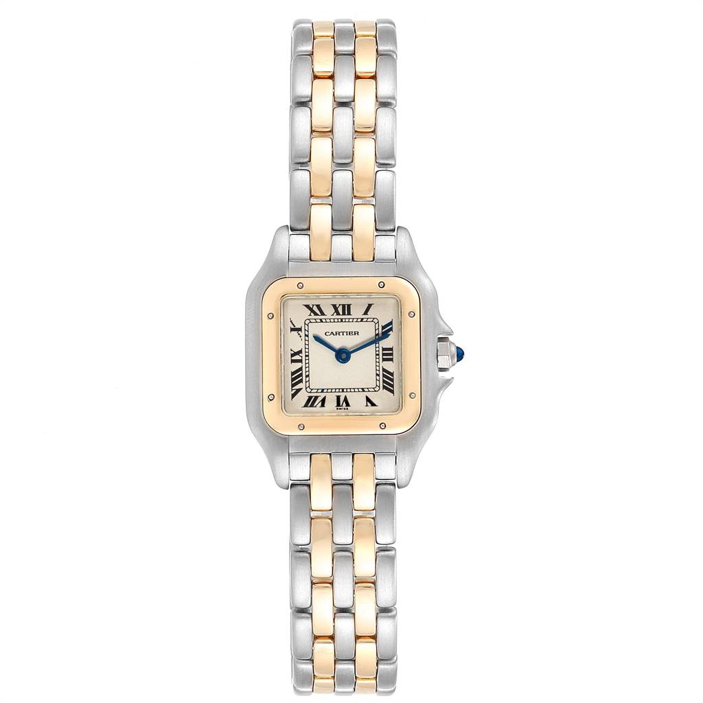 The Cartier Panthere W25029B6 Women
s Stainless Steel Silver Dial W25029B6 Women
s Stainless Steel Silver Dial watch is shown from a top-down angle, displaying its square face, Roman numerals, and two-tone metal bracelet.