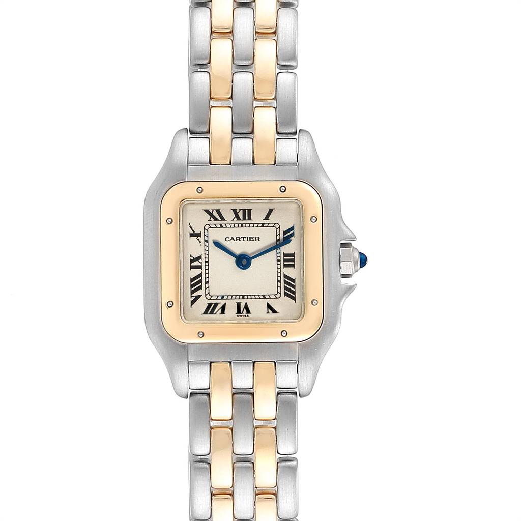 The image shows a top view of the Cartier Panthere W25029B6 Women
s Stainless Steel Silver Dial W25029B6 Women
s Stainless Steel Silver Dial watch, highlighting its face, bezel, and part of the bracelet.