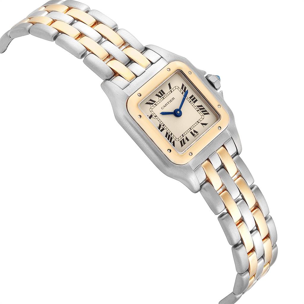 The image shows the Panthere model by Cartier, featuring its face and two-tone metal band at a slight angle.