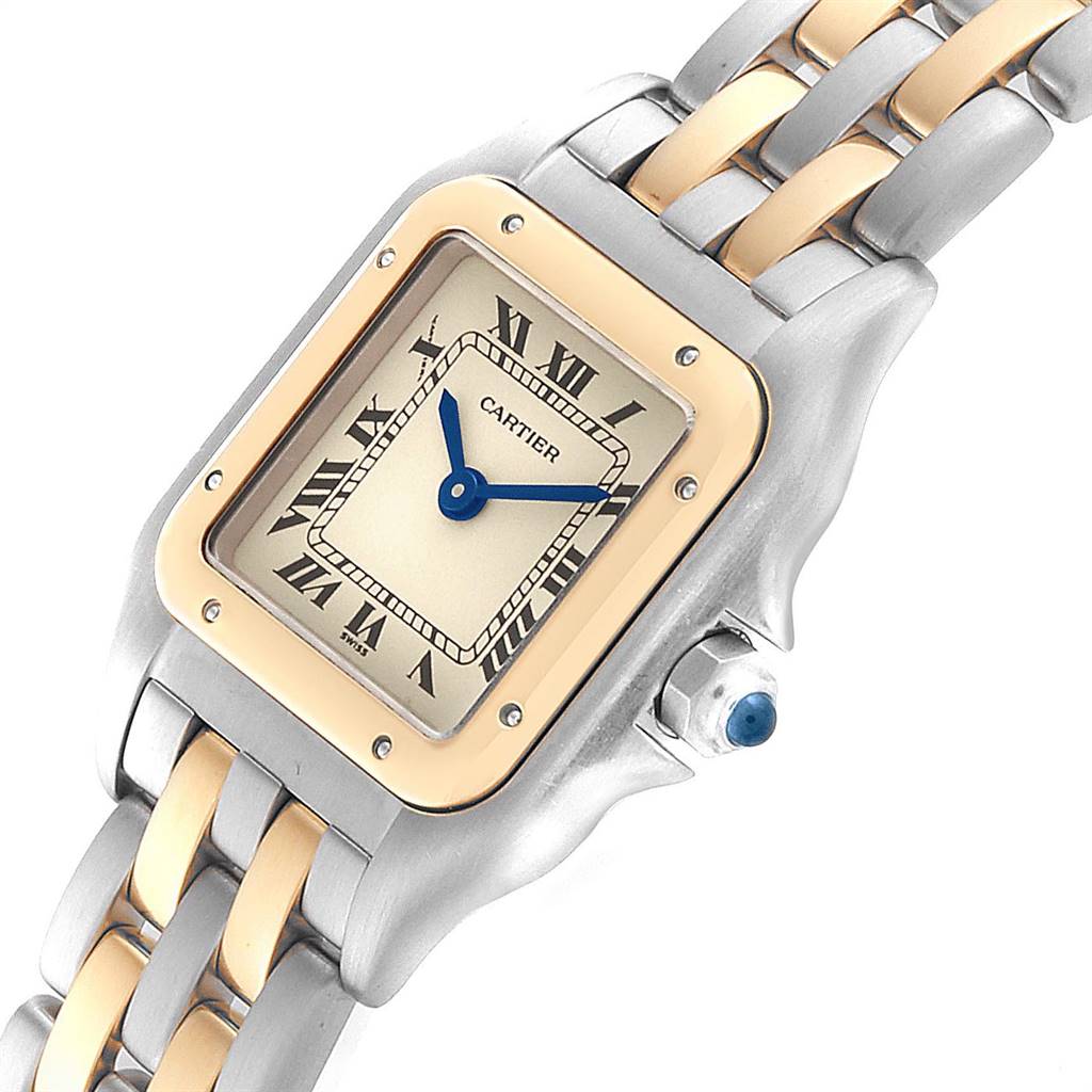 The image shows a close-up of the Cartier Panthere W25029B6 Women
s Stainless Steel Silver Dial W25029B6 Women
s Stainless Steel Silver Dial watch face, bezel, and part of the two-tone metal bracelet.