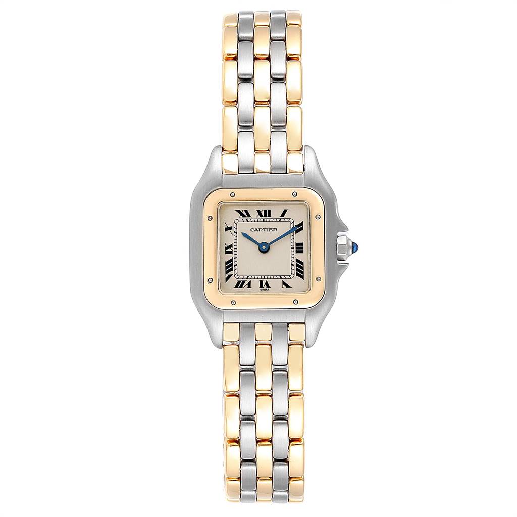 This image shows a full frontal view of a Cartier Panthere W25029B6 Women's Stainless Steel Silver Dial W25029B6 Women's Stainless Steel Silver Dial watch, highlighting the face and two-tone metal bracelet.