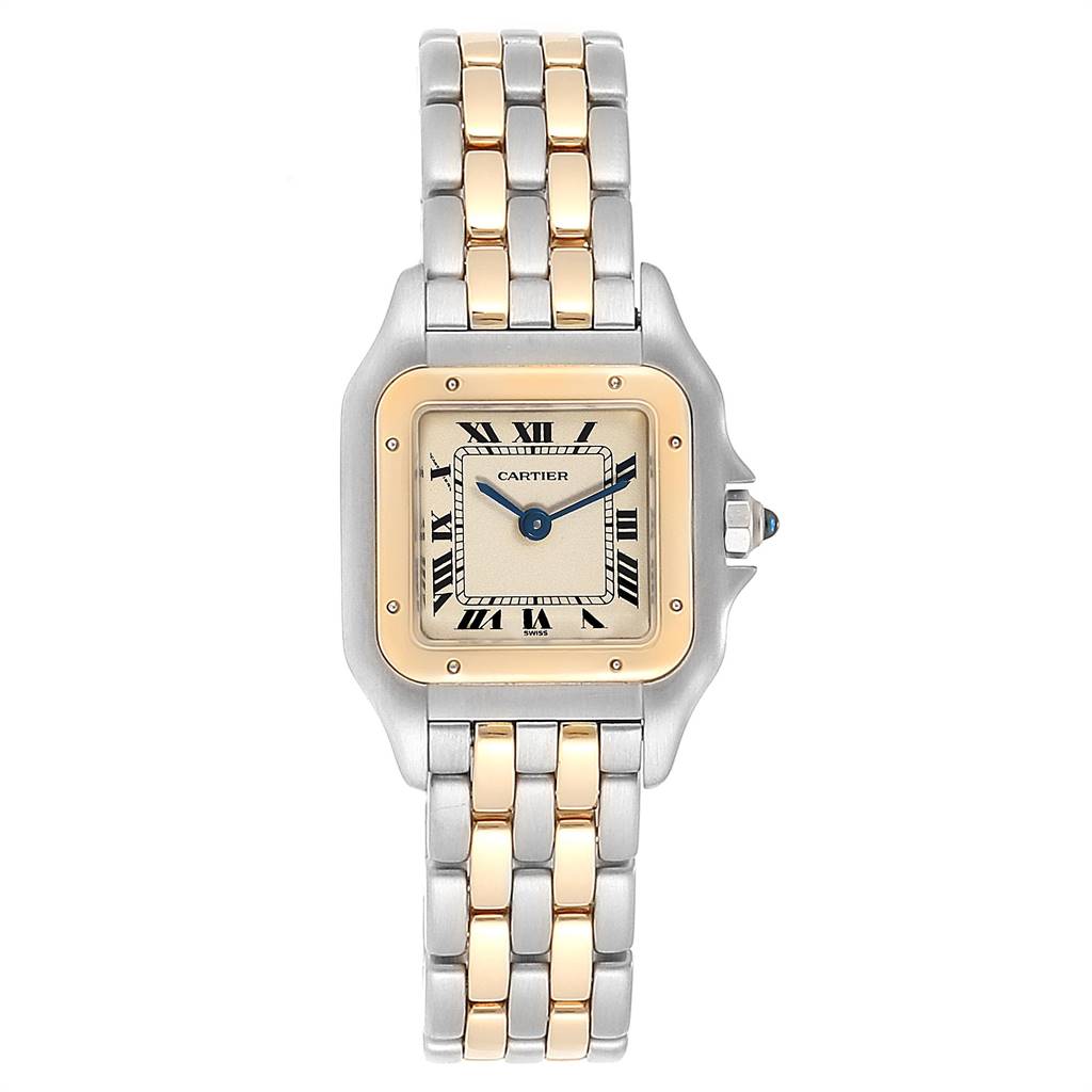 This image shows a front view of the Panthere Cartier watch displaying its face and two-tone bracelet.