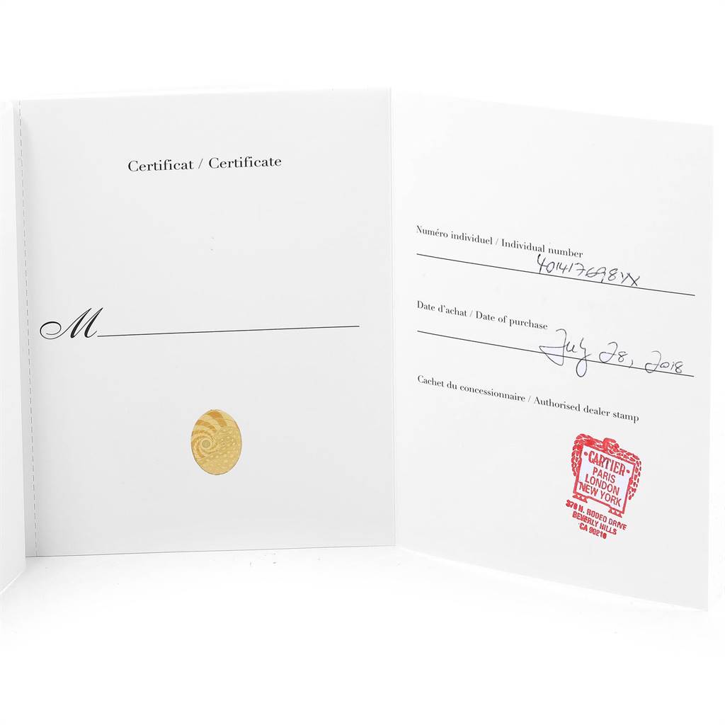 The image shows the certificate and warranty card for the Cartier Panthere WJPN0016 Women's Yellow Gold Silver Dial WJPN0016 Women's Yellow Gold Silver Dial model, including purchase details and dealer stamp.