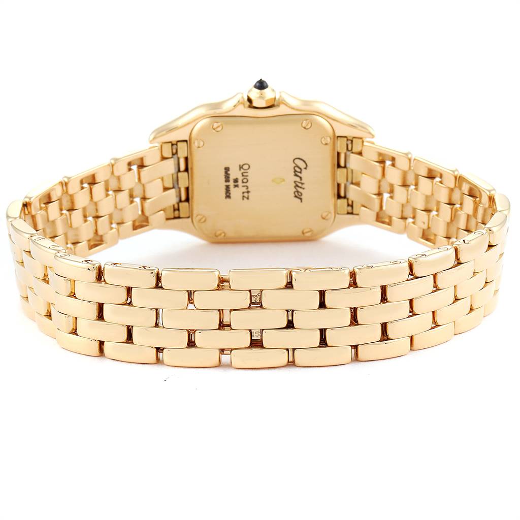 This image shows the back view of the Cartier Panthere W25022B9 Women's Yellow Gold Silver Dial W25022B9 Women's Yellow Gold Silver Dial watch, highlighting its gold bracelet and case back.