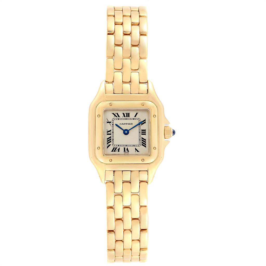 The image shows a front view of a Cartier Panthere W25022B9 Women's Yellow Gold Silver Dial W25022B9 Women's Yellow Gold Silver Dial watch, displaying its face, hands, case, and bracelet.