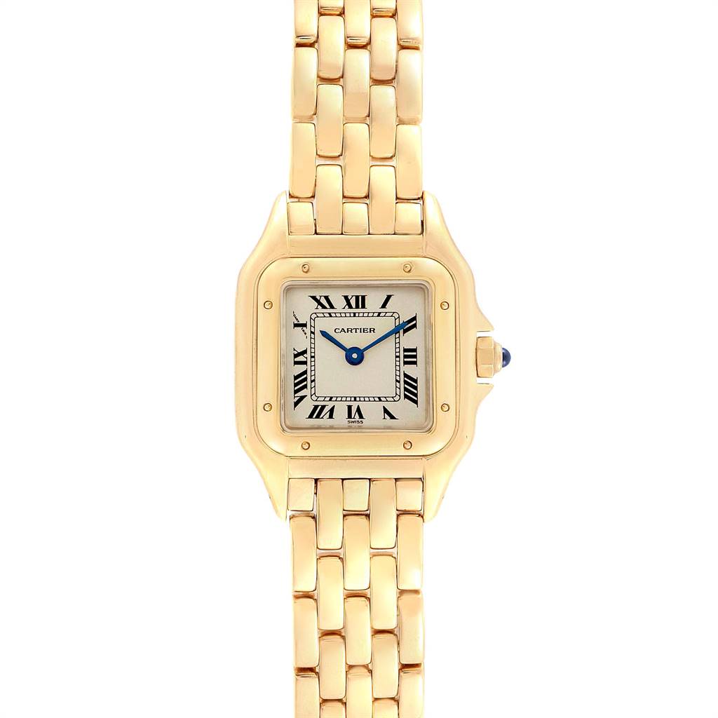 The image shows a frontal view of a Panthere model watch by Cartier, displaying the watch face and part of the bracelet.