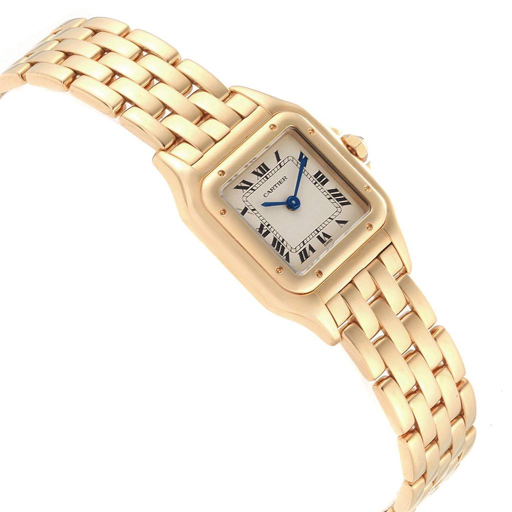 The image shows a Cartier Panthere W25022B9 Women's Yellow Gold Silver Dial W25022B9 Women's Yellow Gold Silver Dial watch from an angled top view highlighting its dial and bracelet.