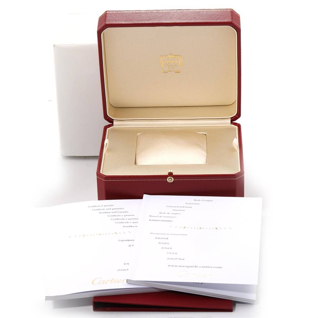 This image shows an open Cartier Panthere WF3072B9 Women's Yellow Gold Beige Dial WF3072B9 Women's Yellow Gold Beige Dial watch box with accompanying documentation.