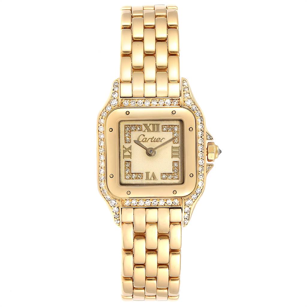 The image shows a Cartier Panthere WF3072B9 Women's Yellow Gold Beige Dial WF3072B9 Women's Yellow Gold Beige Dial watch from a top view, displaying the gold bracelet, diamond-set bezel, and square dial.
