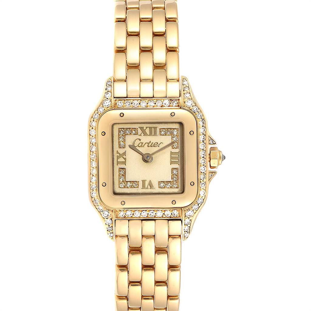The image shows a top-down view of a Cartier Panthere WF3072B9 Women's Yellow Gold Beige Dial WF3072B9 Women's Yellow Gold Beige Dial watch, highlighting its gold bracelet, square face, and diamond accents.