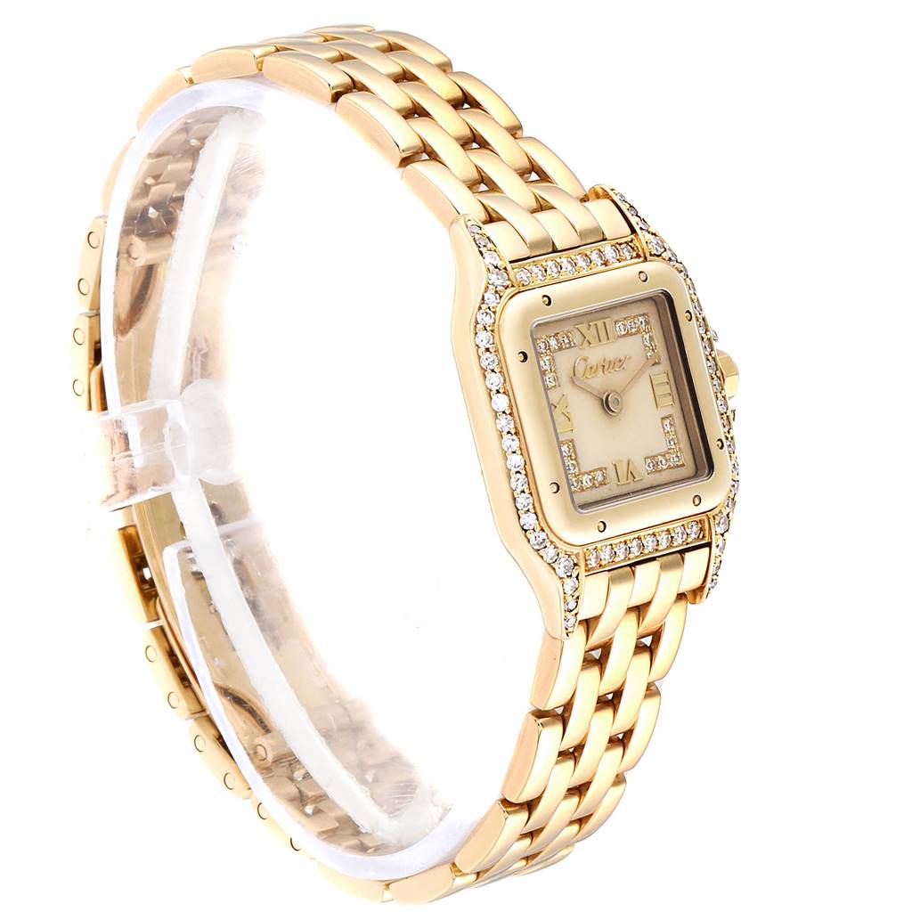 The image shows a side angle of the Cartier Panthere WF3072B9 Women's Yellow Gold Beige Dial WF3072B9 Women's Yellow Gold Beige Dial watch, highlighting the gold case, diamond bezel, and gold bracelet.