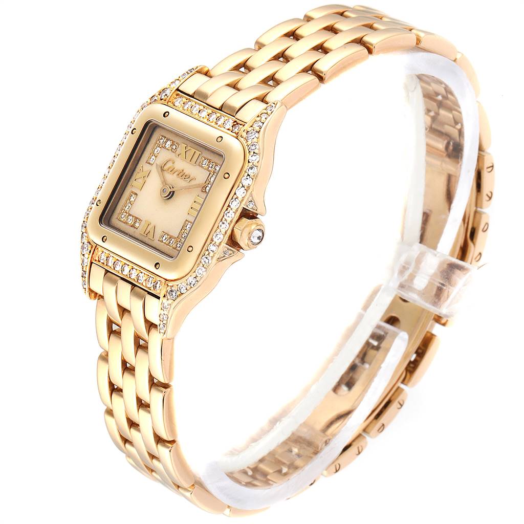The image shows a side angle of a Cartier Panthère watch, highlighting its gold band, diamond-encrusted bezel, and square dial.