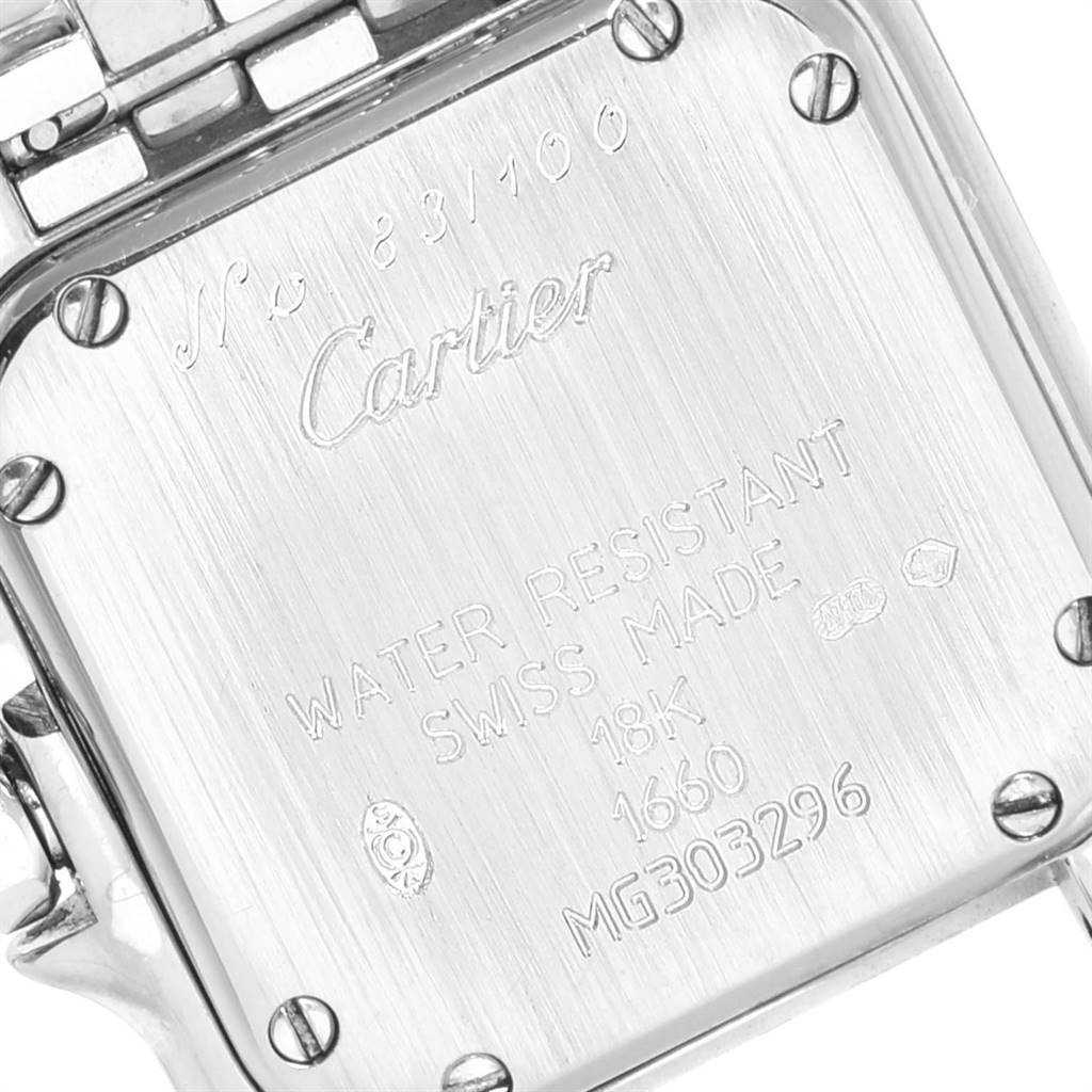 The image shows the back case of a Cartier Panthere 1660 Women's White Gold Silver Dial 1660 Women's White Gold Silver Dial watch, displaying its engravings and serial number.