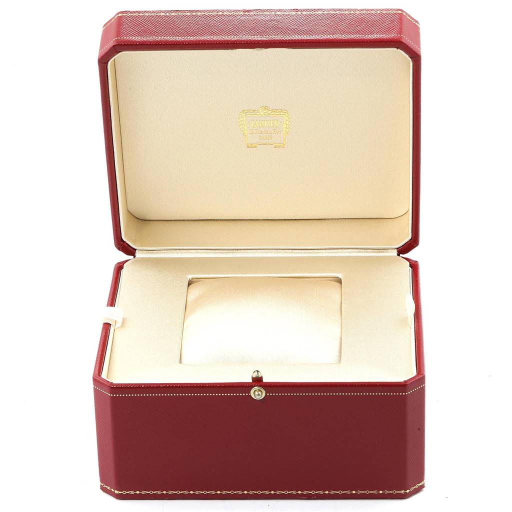 This image shows an open Cartier watch box for the Panthere model, revealing the interior cushion and lining.