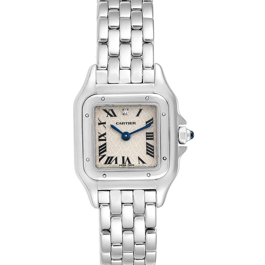 The image shows a front view of the Cartier Panthere 1660 Women's White Gold Silver Dial 1660 Women's White Gold Silver Dial model watch, displaying its face and metal bracelet.