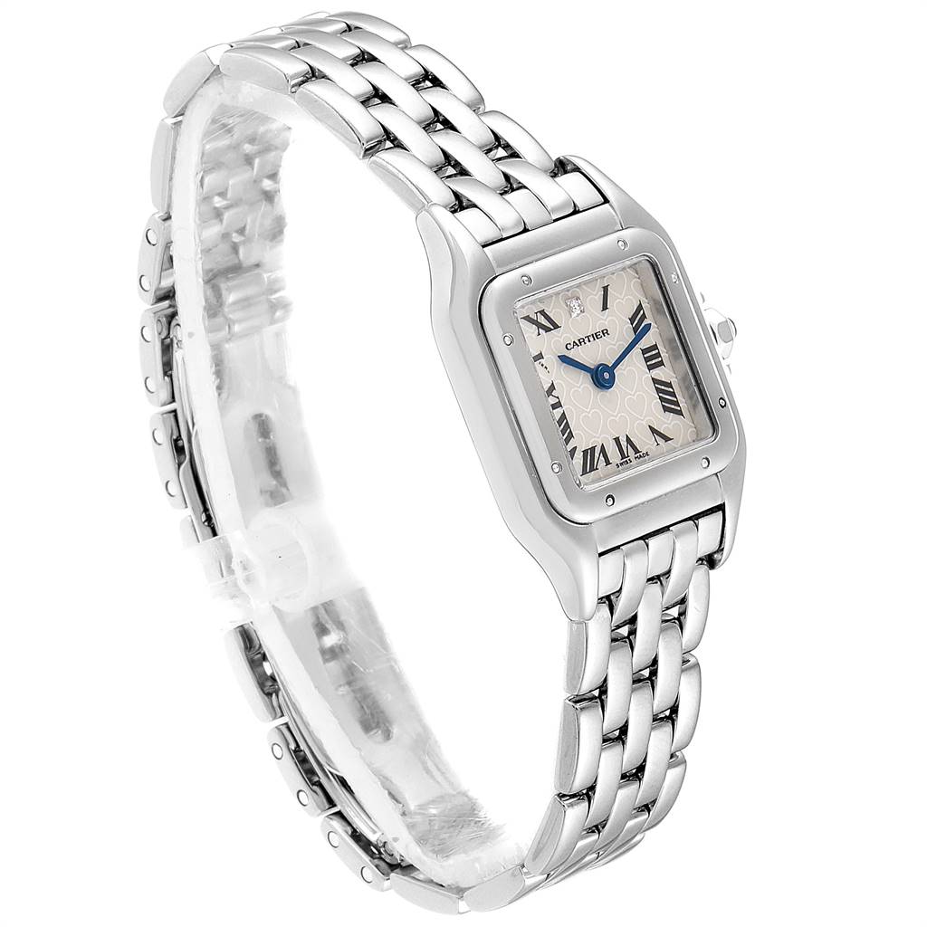 The image shows a side view of the Cartier Panthere 1660 Women's White Gold Silver Dial 1660 Women's White Gold Silver Dial model watch, featuring its face, bezel, and metal bracelet.