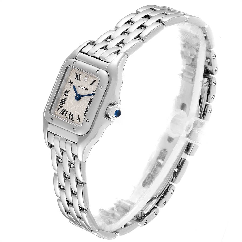 This image shows a Cartier Panthere 1660 Women's White Gold Silver Dial 1660 Women's White Gold Silver Dial watch at an angled view, highlighting the face, bezel, crown, and bracelet.