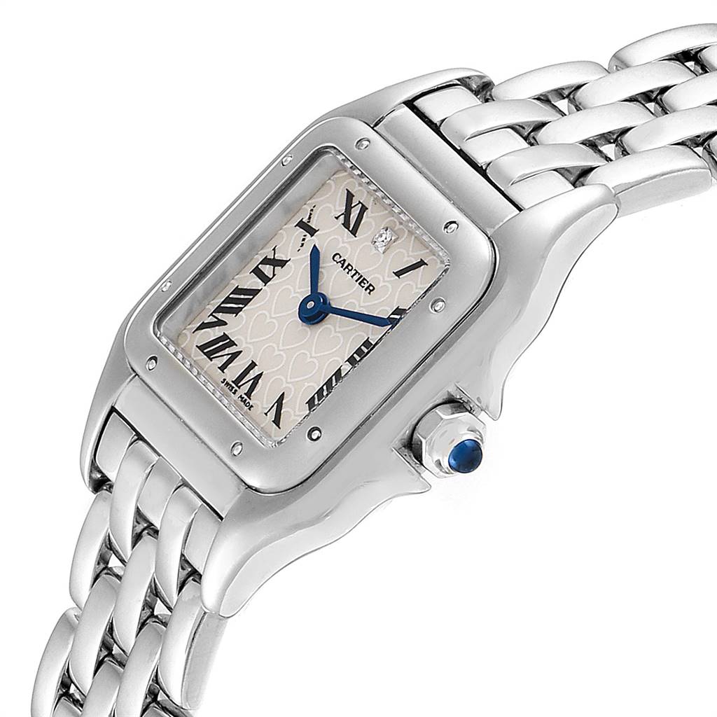 The image shows a close-up angle of a Cartier Panthère watch, highlighting the face, bezel, and part of the bracelet.
