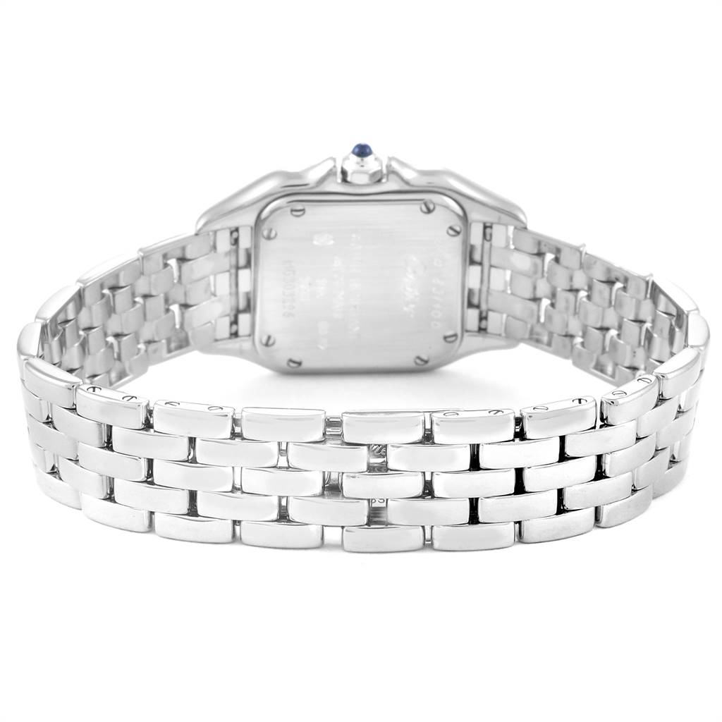 The image shows the back view of a Cartier Panthere 1660 Women's White Gold Silver Dial 1660 Women's White Gold Silver Dial model watch, highlighting the case-back and bracelet.